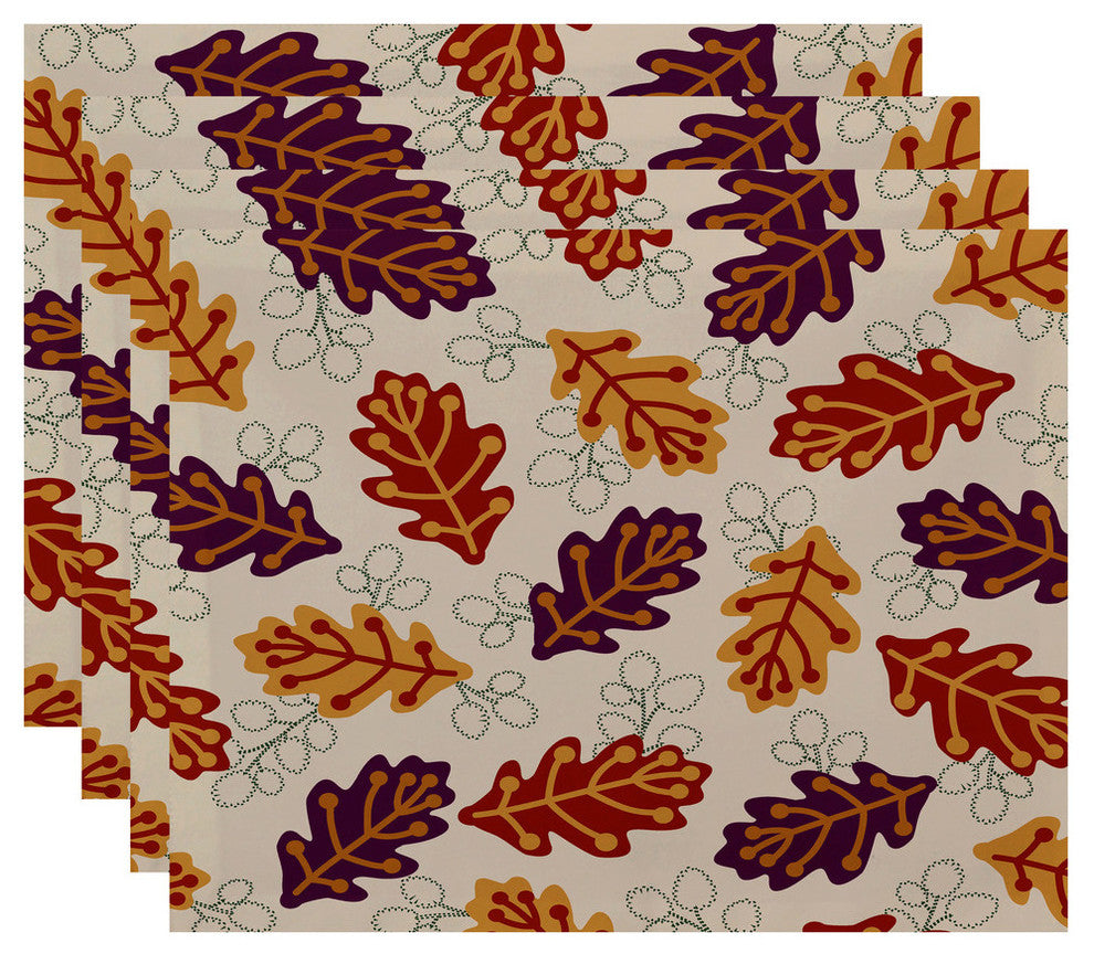 Retro Leaves Floral Print Placemat, Set of 4, Purple