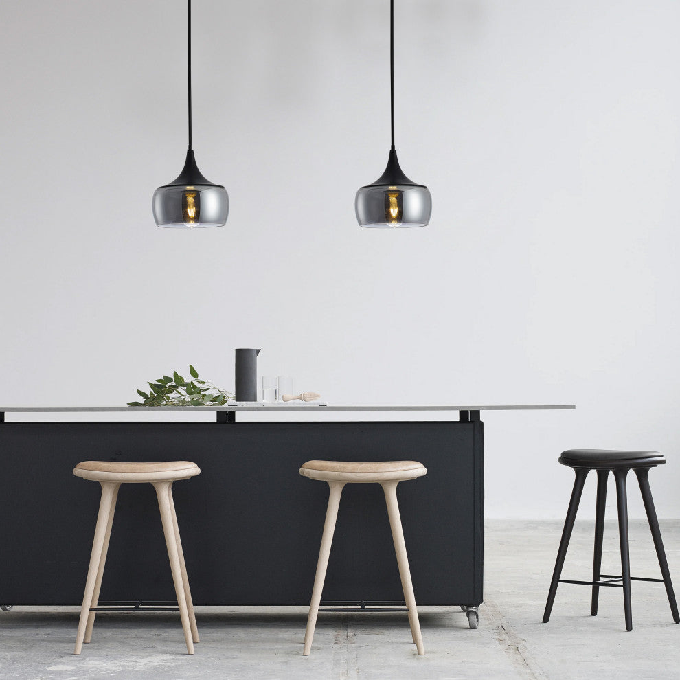 Matte Black 1-Light Pendant Light with Smoke Grey Glass Shade
