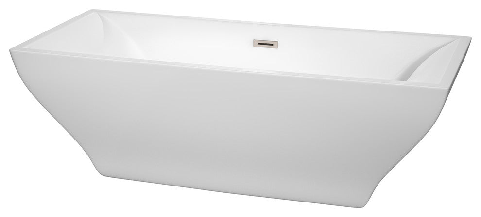 Maryam 71" Freestanding White Bathtub, Brushed Nickel Drain and Overflow Trim