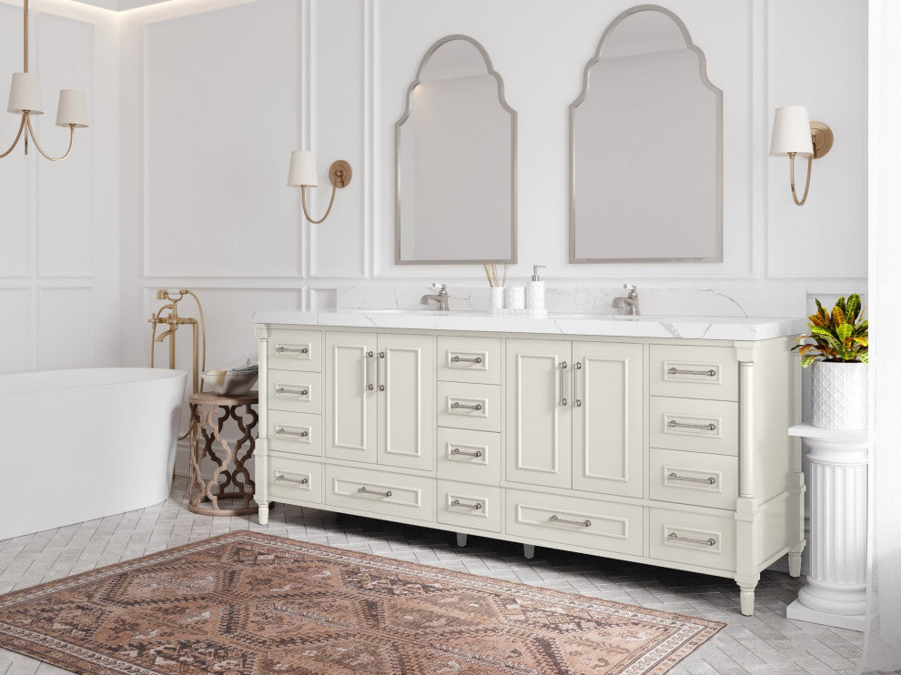 Aberdeen 84" Double Sink Bath Vanity, Alabaster 2" Carrara Quartz
