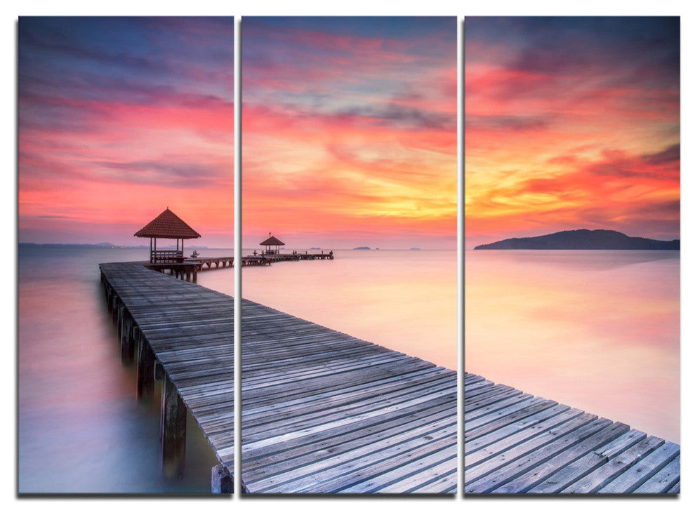 "Stylish Wooden Bridge and Beach Sky" Sea Pier Metal Wall Art, 3 Panels, 36"x28"