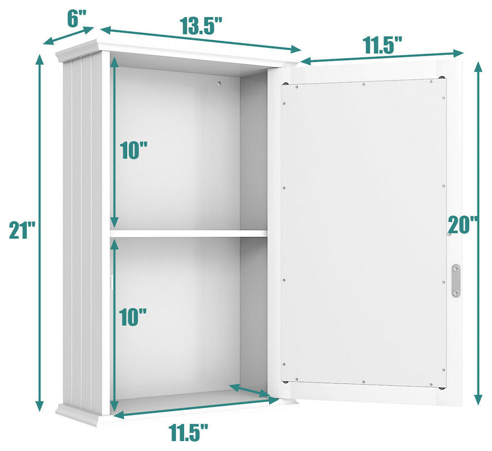 Costway New Bathroom Wall Cabinet Single Mirror Door Storage Wood Shelf White