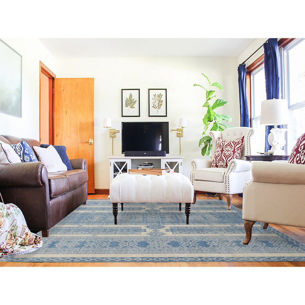 Medium Sapphire Blue, Pure Wool, Fine Peshawar Hand Knotted Rug, 7'10"x9'8"