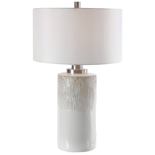 Modern Textured Ribbed White Cylinder Table Lamp, Beige Drip Elegant Ceramic