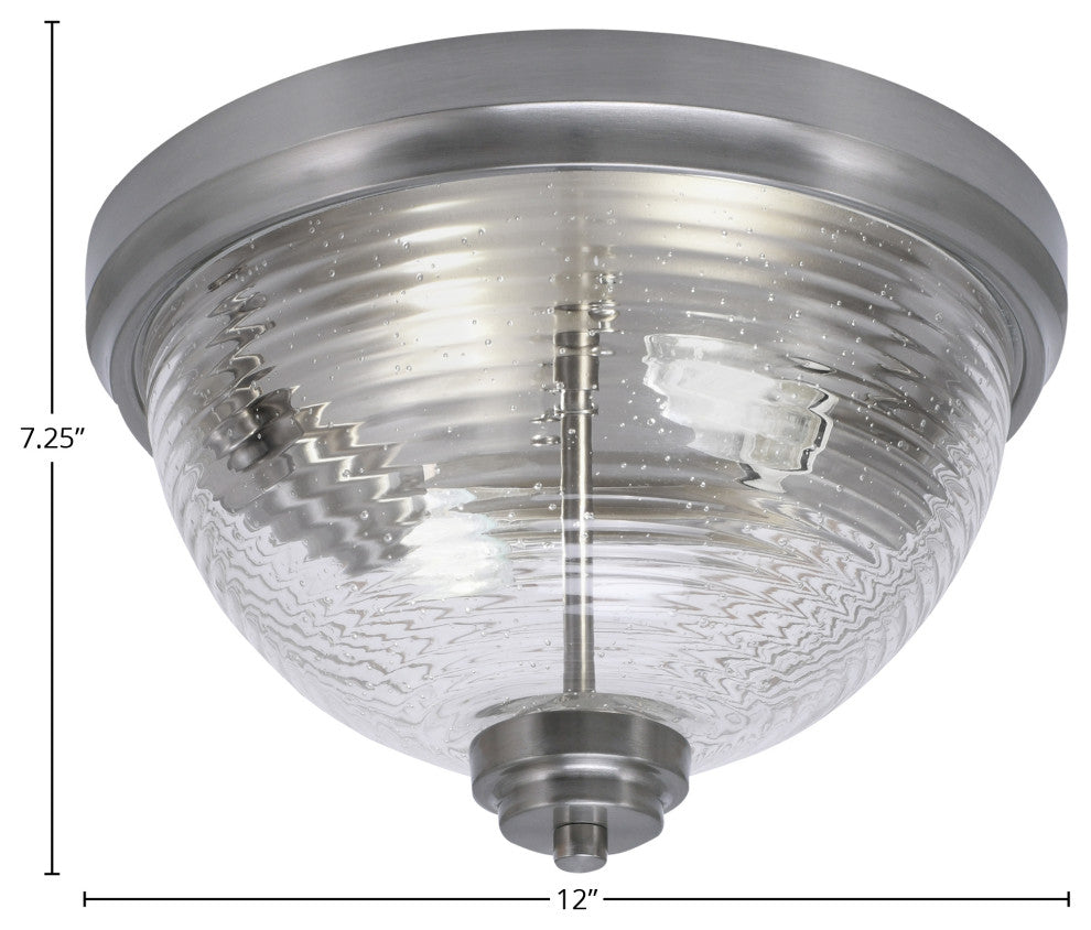 12" 2-Light Flush Mount Light, Brushed Nickel, Clear Bubble Glass