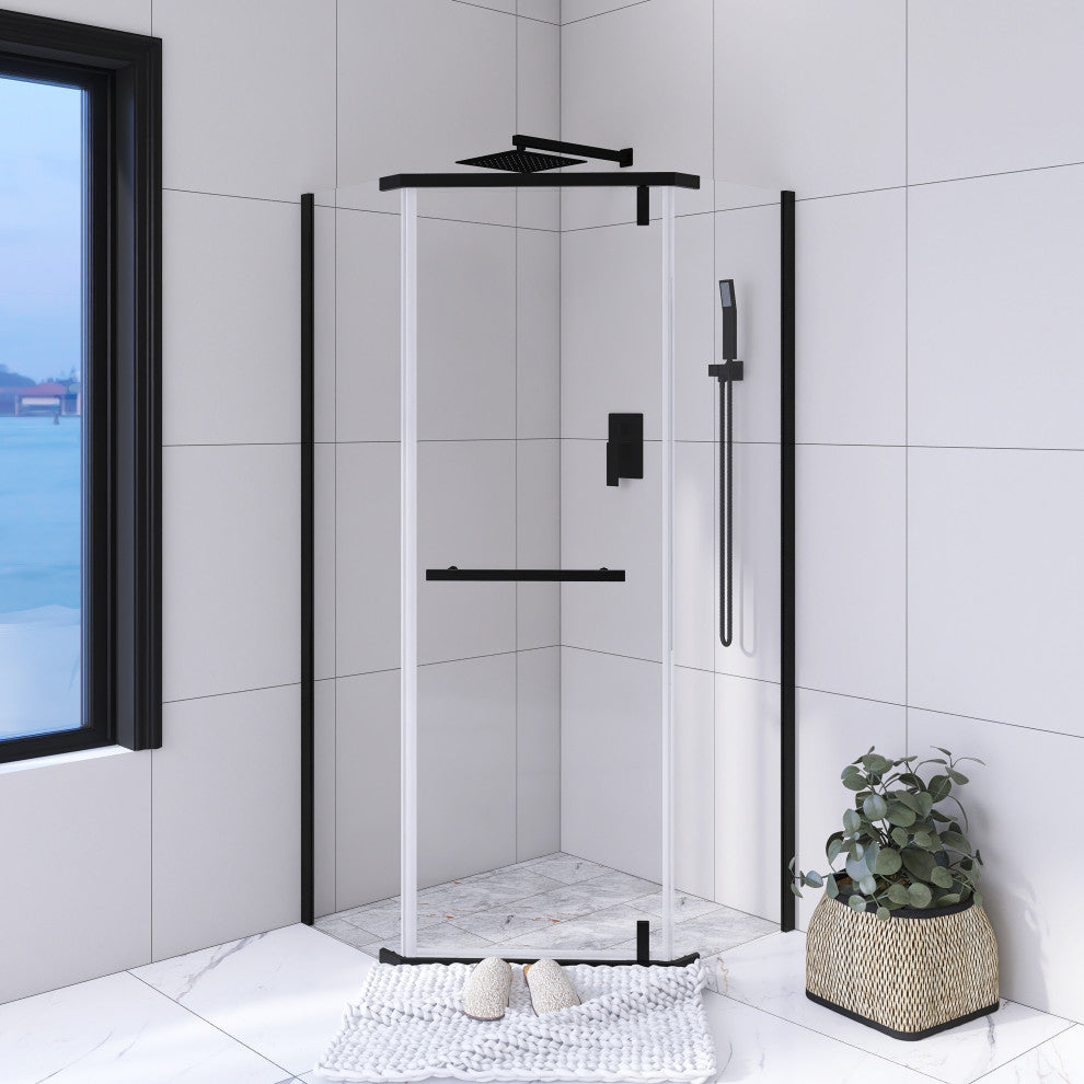 Neo-angle Pivot Semi-Frameless Corner Shower Enclosure, Matte Black
