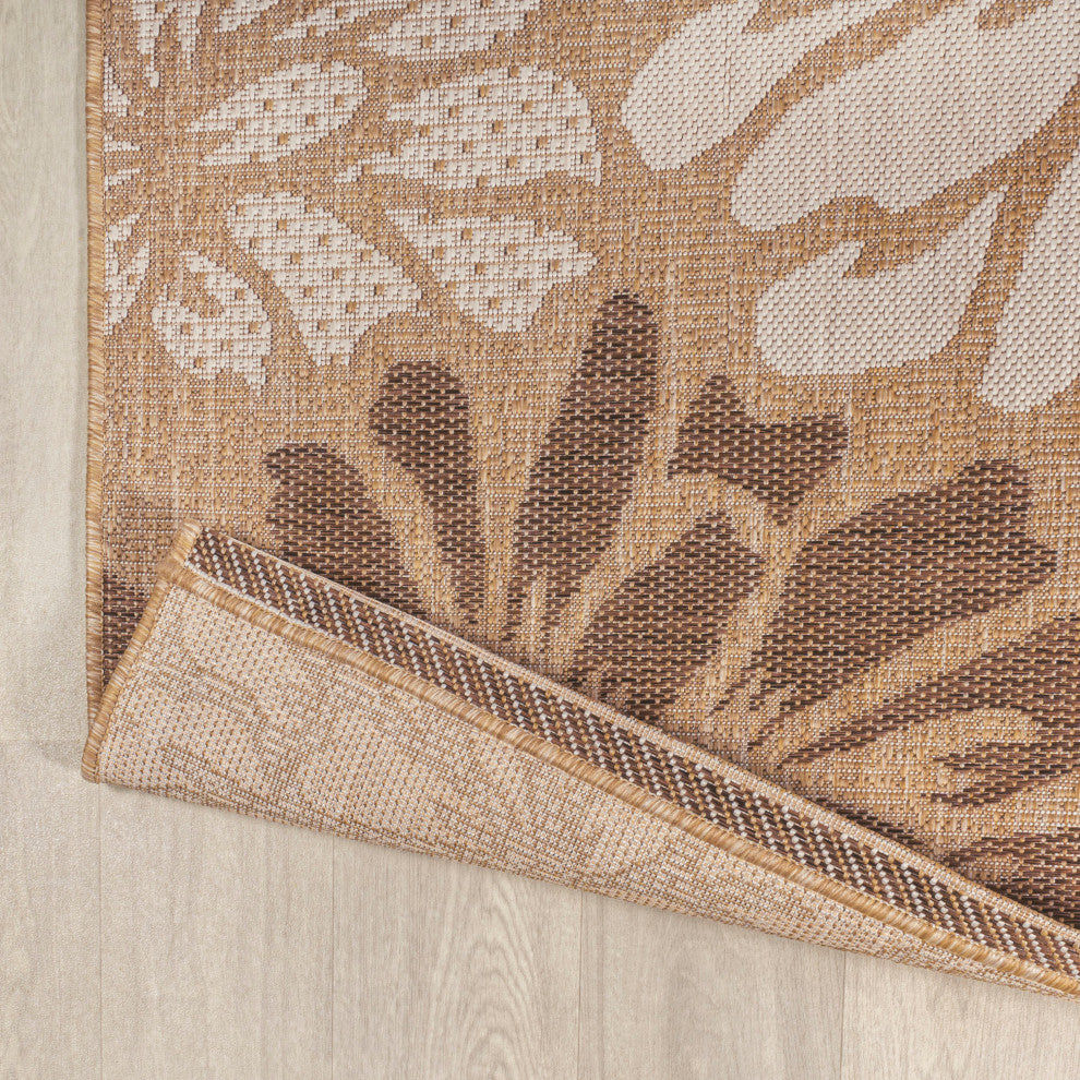 Zinnia Modern Floral Textured Weave Indoor/Outdoor, Brown/Cream, 5' Square