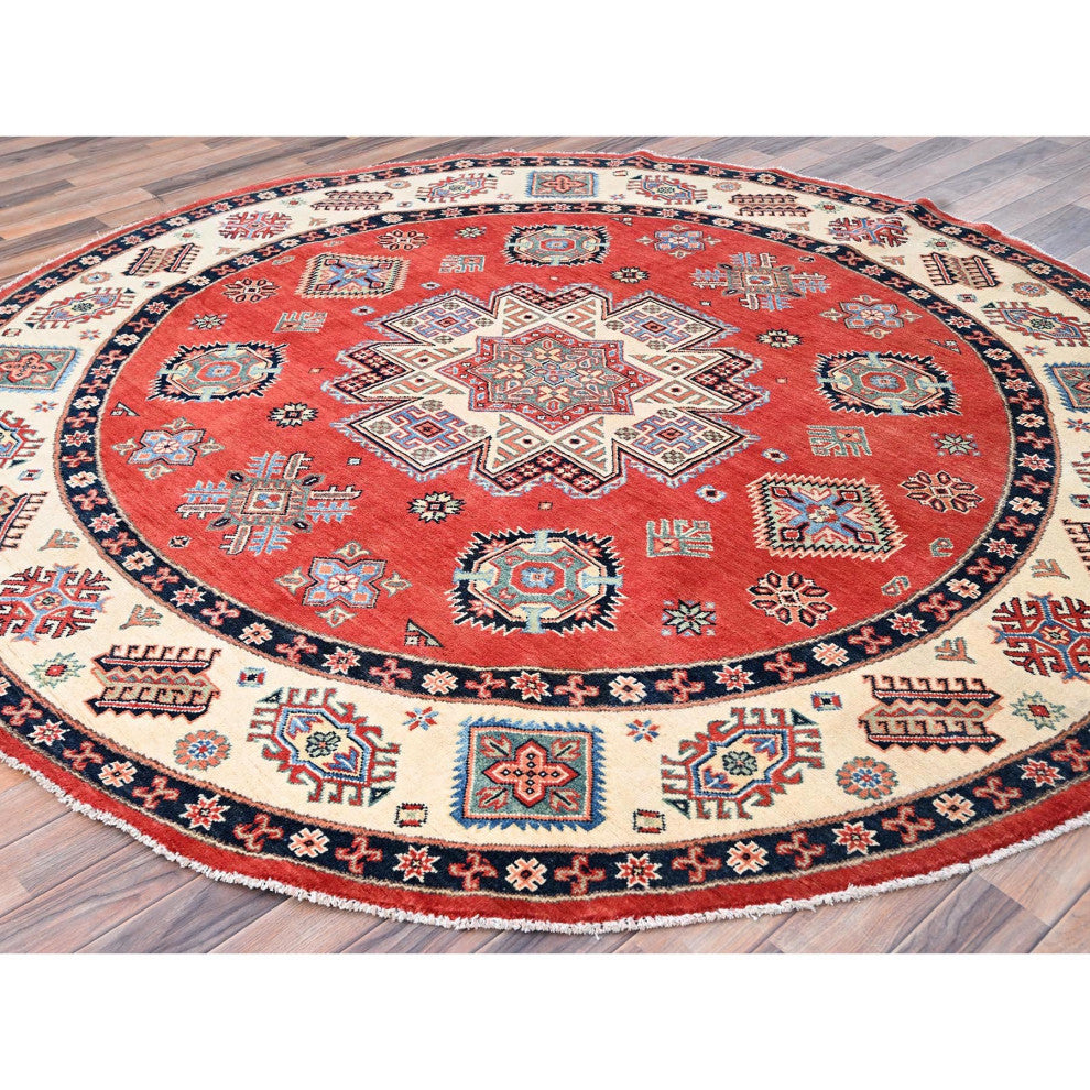 Red, Special Kazak, Pure Wool, Hand Knotted, Round Oriental Rug, 8'x7'9"
