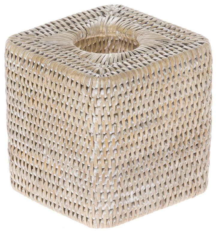 La Jolla Rattan Square Tissue Box Cover, White-Wash