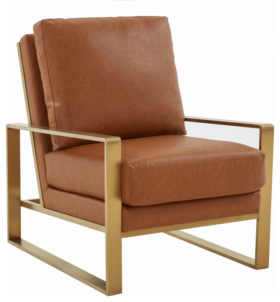 LeisureMod Jefferson Arm Chairs With Gold Frame and Coffee Table, Cognac Tan