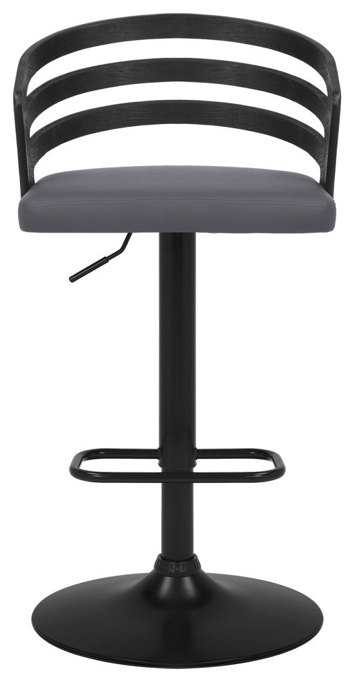 Adele Adjustable Height Swivel Gray Faux Leather and Black Wood Bar Stool