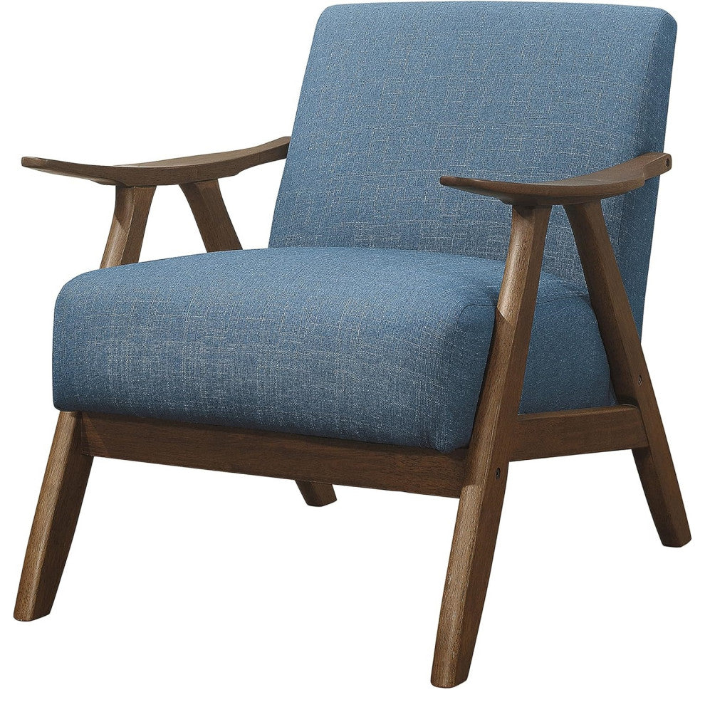 Mid-Century Blue Accent Chair, Walnut Frame, Comfy Upholstered Lounge Seat