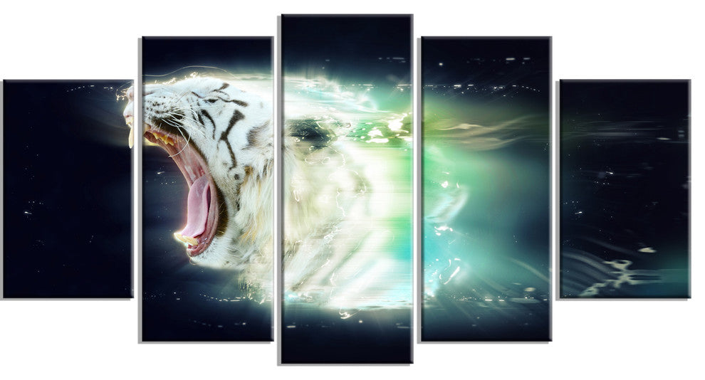 White Tiger with Open Jaws, Animal Canvas Wall Art, 60"x32", 5 Panels