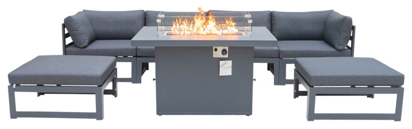LeisureMod Chelsea 7-Piece Outdoor Sectional With Fire Pit Table, Black