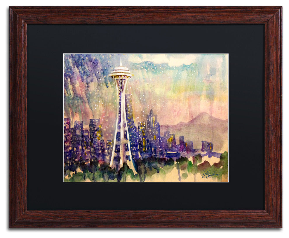 Wendra 'Space Needle Snow' Matted Framed Art, Wood Frame, Black Mat, 20x16