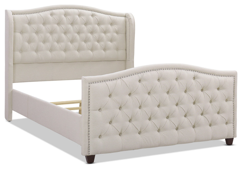 Marcella Upholstered Tufted Shelter Wingback Panel Bed, Sky Neutral Beige Polyester, Queen