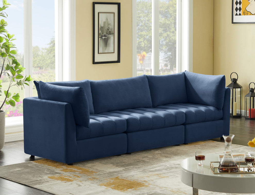 Jacob Velvet Upholstered 3-Piece Modular Sofa, Navy