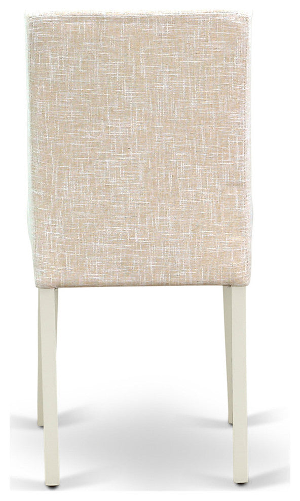 5Pc Rounded 42" Dining Table, Four Parson Chair, White Leg, Fabric Light Beige