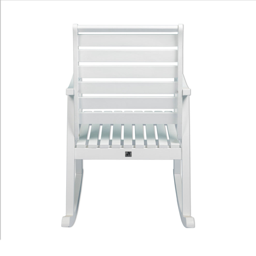 Carey Modern Slat-Back Acacia Wood Patio Outdoor Rocking Chair, White