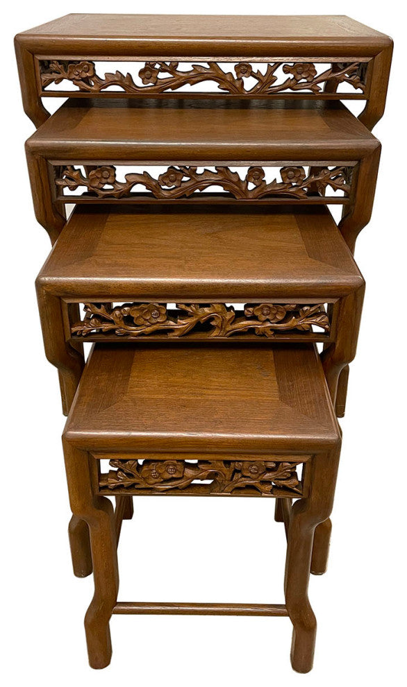 Consigned Early 20th Century Chinese Carved Teak Wood Nesting Table Set