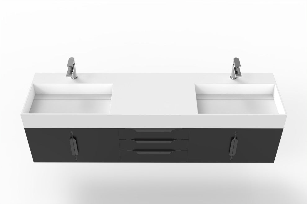 CastelloUSA Amazon 72" Wall Mounted Vanity Set, Black, White Top, Black Handles