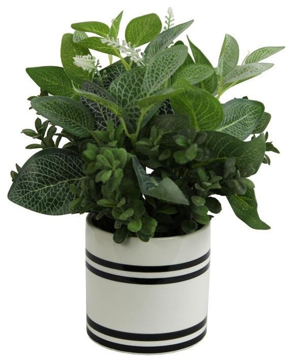 Admired By Nature Artificial Mixed Garden Foliage Plant With Striped Ceramic Pot