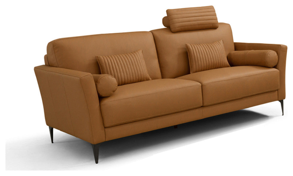 Leather Upholstered Loveseat With Five Pillows, Saddle Tan