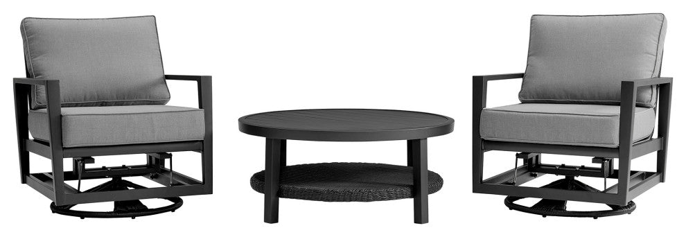 Grand 3 Piece Black Aluminum Outdoor Seating Set With Dark Gray Cushions