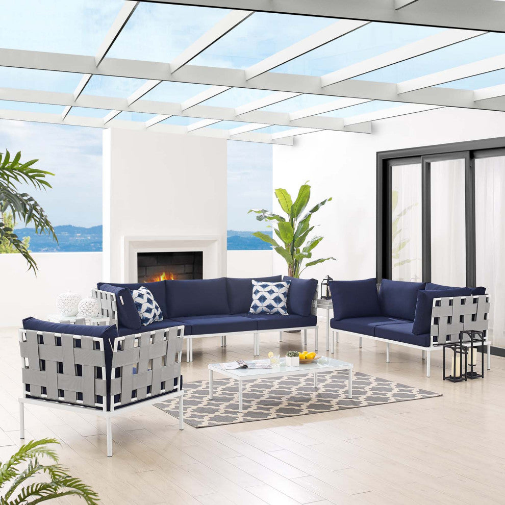 Sectional Sofa Chair Table Set, Sunbrella, Aluminum, Gray Blue Navy, Outdoor