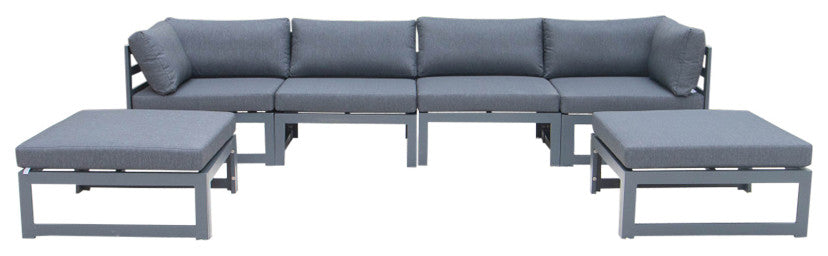 LeisureMod Chelsea 6-Piece Patio Ottoman Sectional Black Aluminum, Black