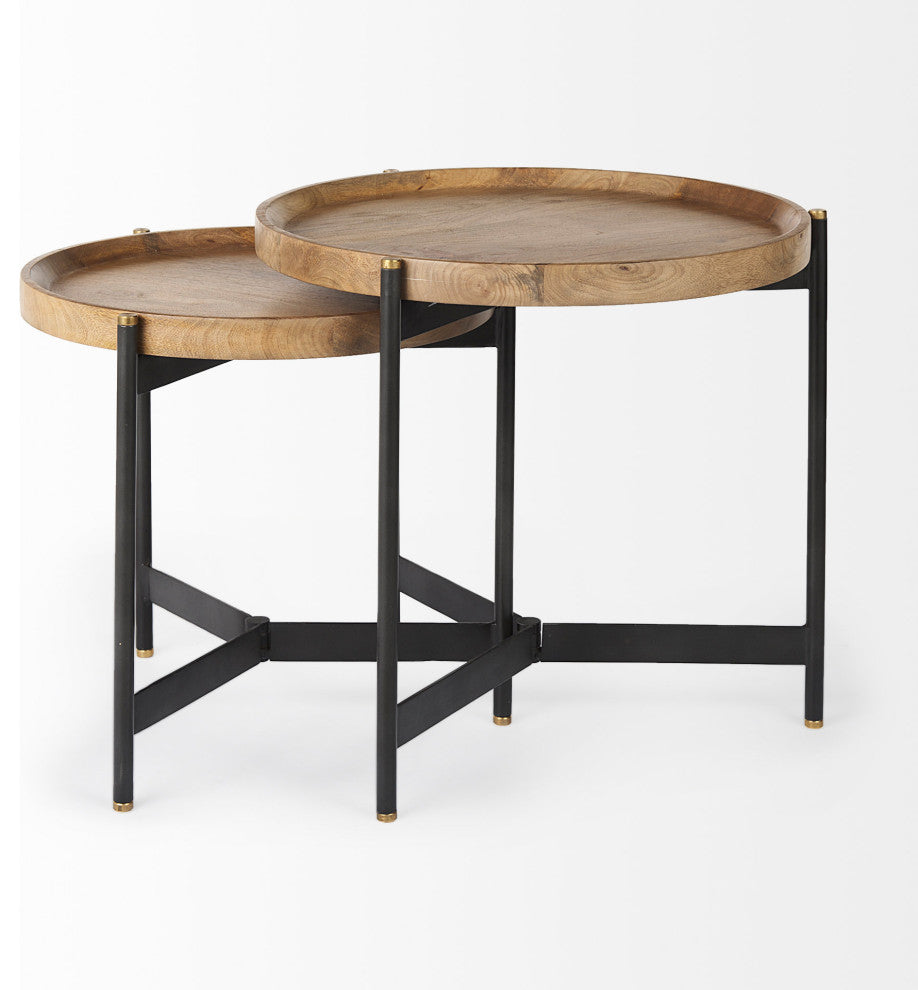 Marquisa Medium Brown Solid Wood w/ Black Metal Base Round Nesting Side Tables