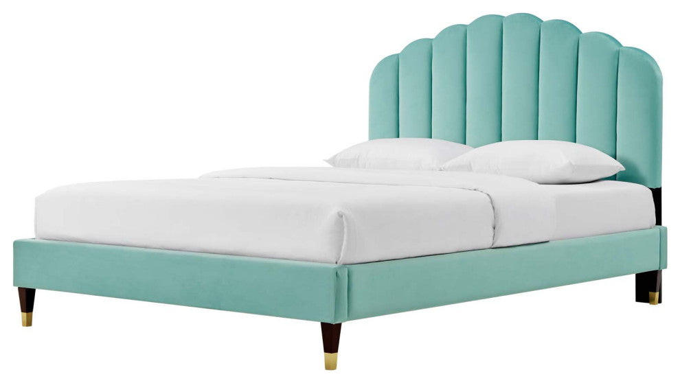 Platform Bed Frame, Queen Size, Blue, Velvet, Modern, Bedroom Guest Suite