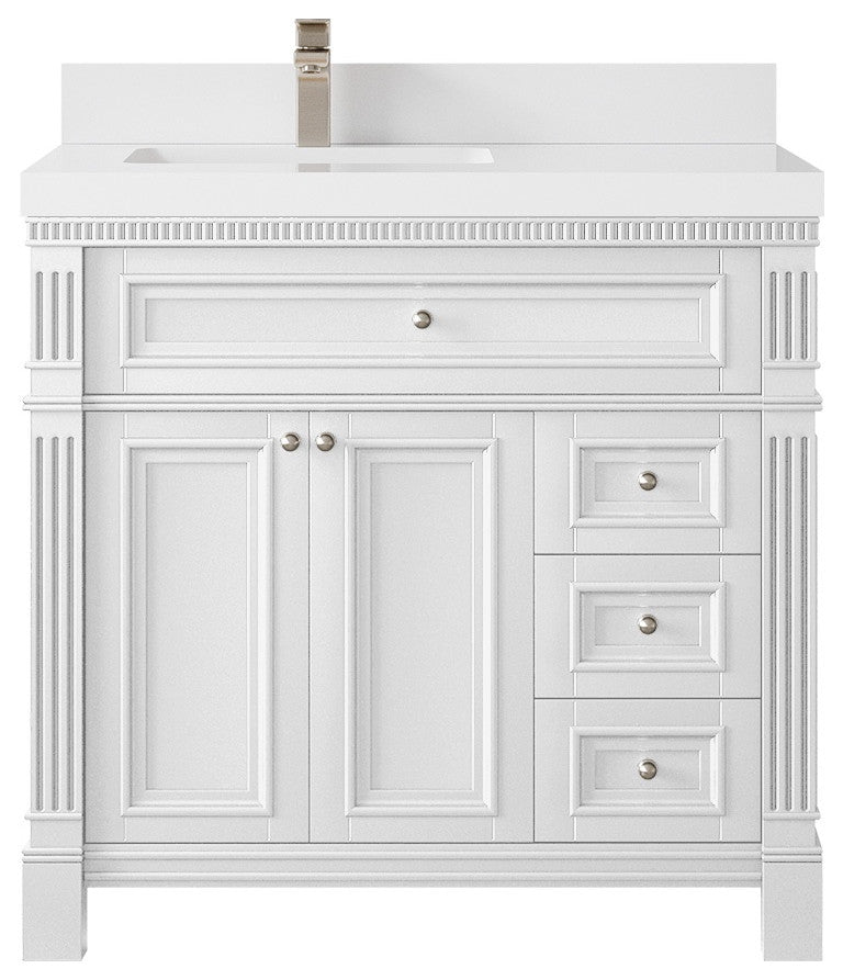 Paris 36" Left Offset Bathroom Vanity, White 2" White Quartz