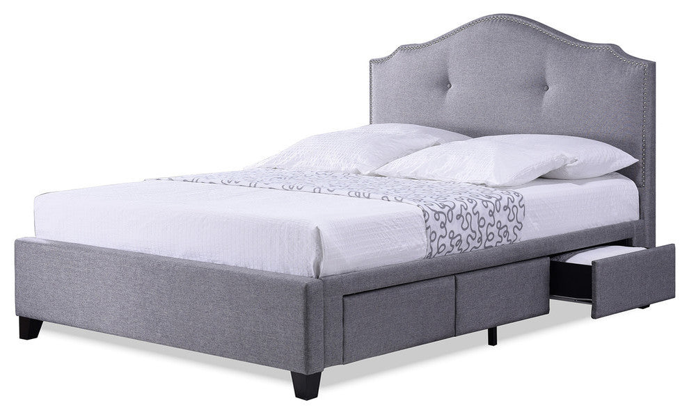Armeena Gray Linen Modern Storage Bed With Upholstered Headboard, Queen Size