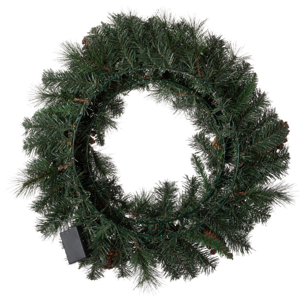 24"D Pre-Lit Glittered Pine Cone Christmas Wreath With Warm White LED Light