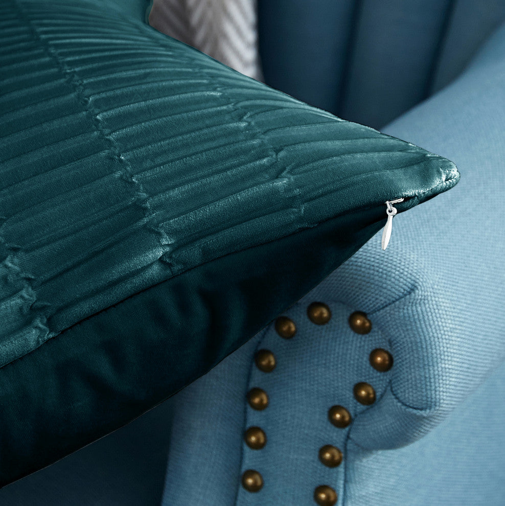Pleated Velvet Pillow Covers, Set of 2, Sapphire, 14"x26"