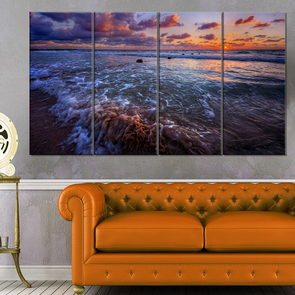 Cloudy Sky and Stormy Waves, Seashore Canvas Art Print, 48"x28", 4 Panels