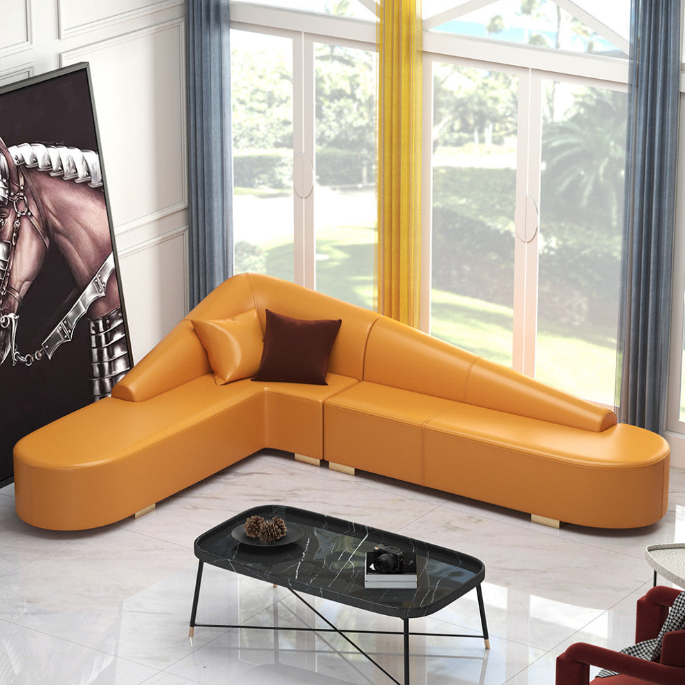 Modern 6-Seater Orange L-Shaped Corner Sectional Sofa Faux Leather Upholstery