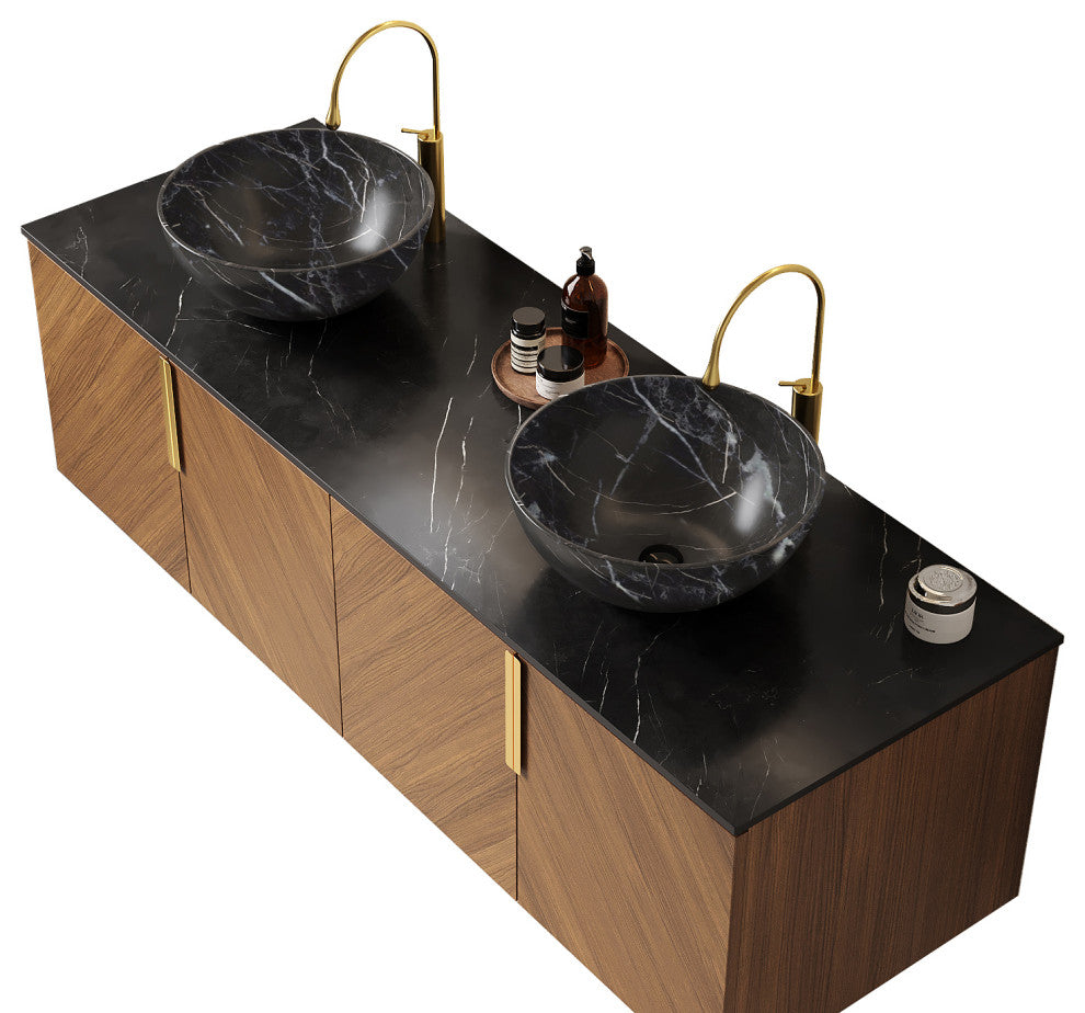 Wall-Mounted Floating Plywood Bathroom Storage Cabinet with Double Doors, Black, 60"