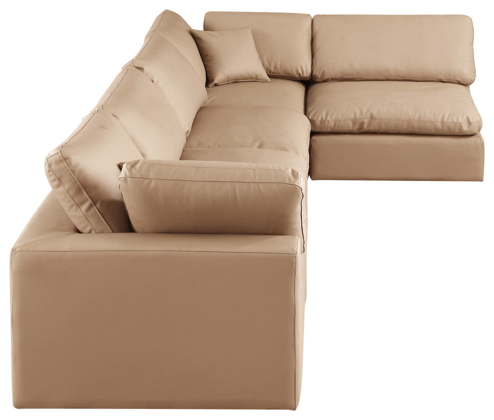 Comfy Upholstered L-Shaped Modular Sectional, Tan, 5-Piece: 3 Armless Chair, 2 Corner Chair, Vegan Leather