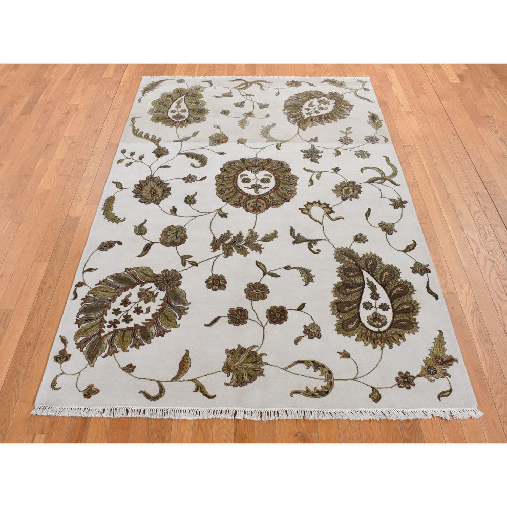 Timberwolf Gray, Rajasthan Design, Wool and Silk Hand Knotted Rug, 6'x9'2"