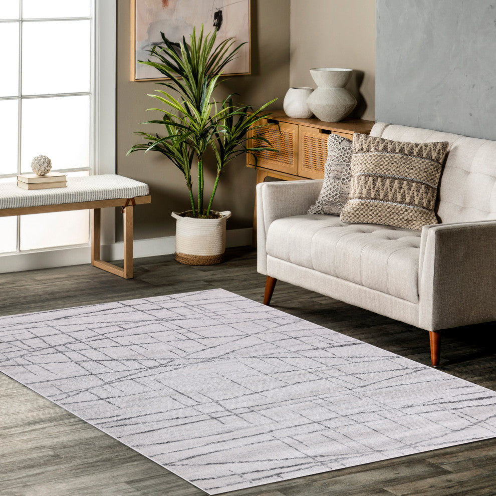Low-Pile Pierce Ivory/Gray Rug, Ivory, 5'3"x8'