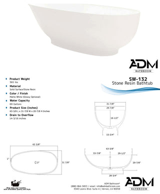 ADM Round Freestanding Bathtub, White, 63", Glossy White