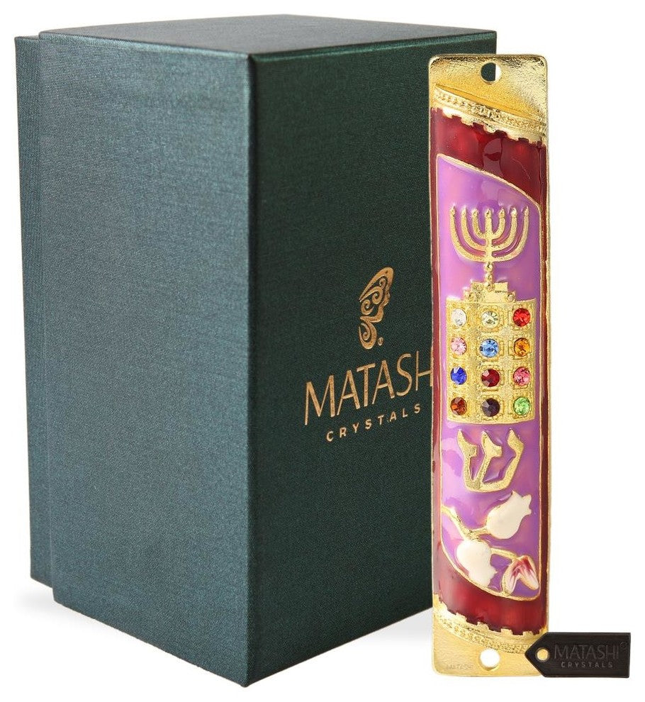 Hand Painted Enamel Mezuzah Embellished With a Menorah and Priestly Breastplate