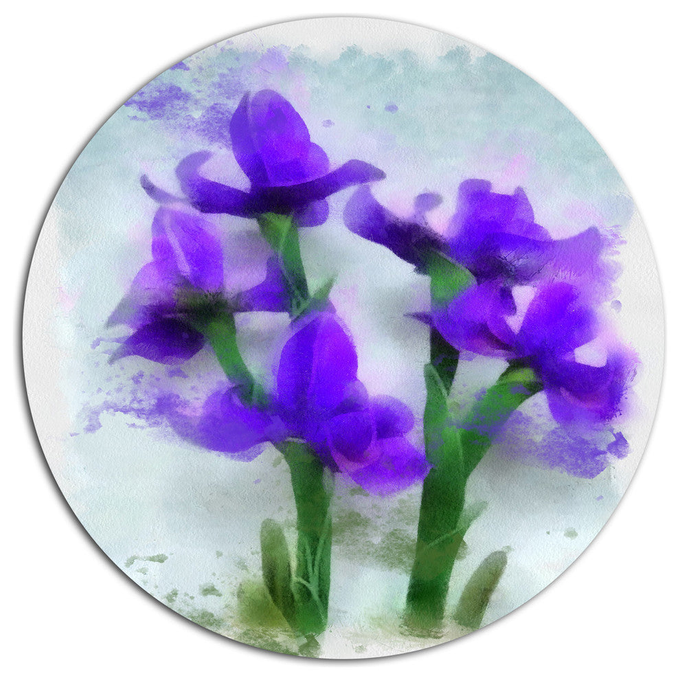 Blue Irises Illustration Watercolor, Floral Disc Metal Artwork, 11"