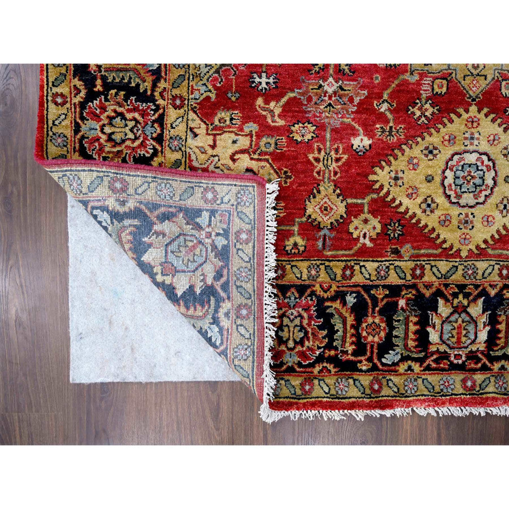 Red and Black Pure Wool Hand Knotted Karajeh Design Oriental Rug, 6'x8'9"