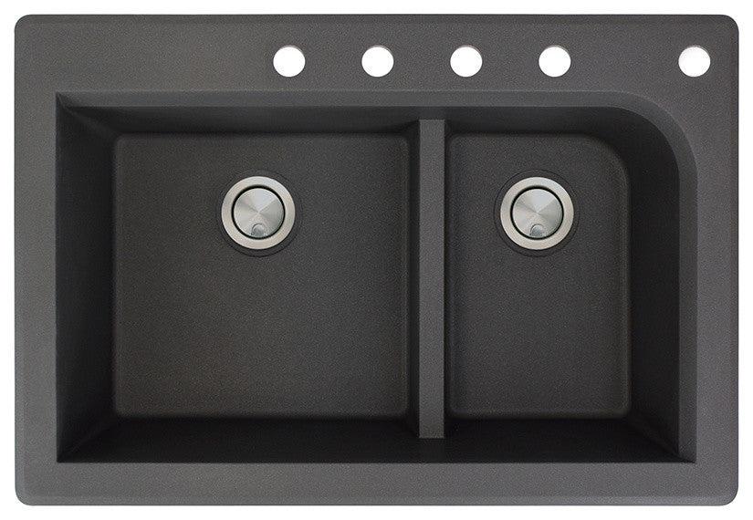 Radius 33" silQ Granite Drop-in Double Bowl Kitchen Sink with 5 Holes in Black