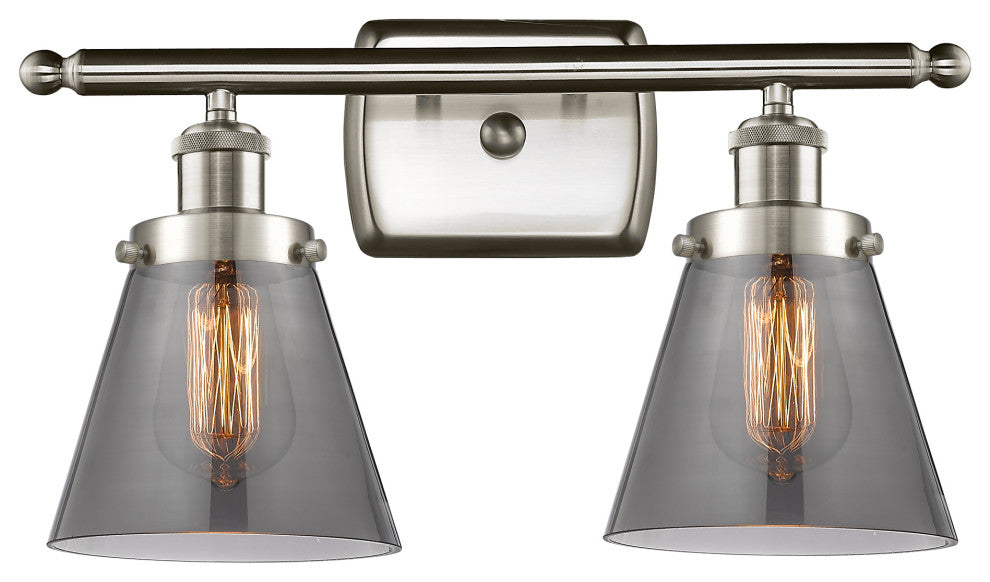 Small Cone 2-Light Bath Vanity-Light, Brushed Satin Nickel, Plated Smoke
