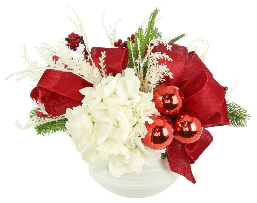 Hydrangea Holiday Arrangement with Bows and Ornaments in a Ceramic Pot