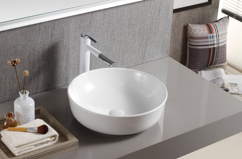 ELANTI EC1803 Porcelain Round Vessel Bathroom Sink, White